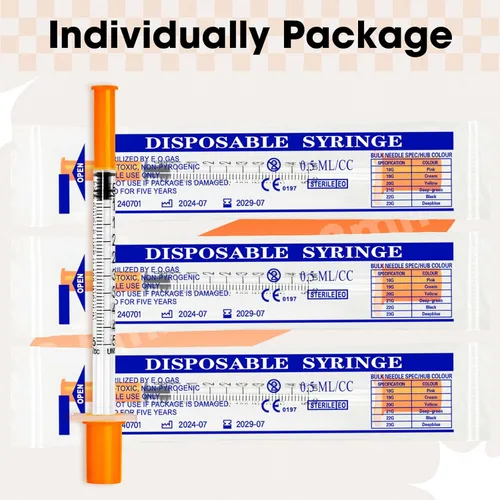 Vista 6 de Jeringa de 0.5 ml con tapa, 29G 1/2" 13mm 1/2cc, jeringas desechables en paquete individual, paquete de 20