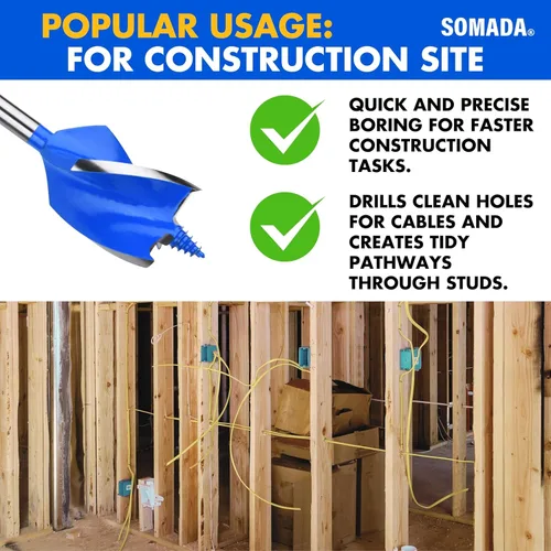 Vista 6 de SOMADA Broca de taladro de 1-1/2 pulgadas x 6-1/2 pulgadas para madera, vástago hexagonal de cambio rápido de 1/4 pulgadas, broca larga de tres