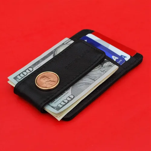 Vista 2 de US 1948 Lincoln Penny BU Uncirculated 1 Cent Coin Genuine Full-Grain Black Leather Magnetic Money Clip Wallet & Card Holder RFID Blocking