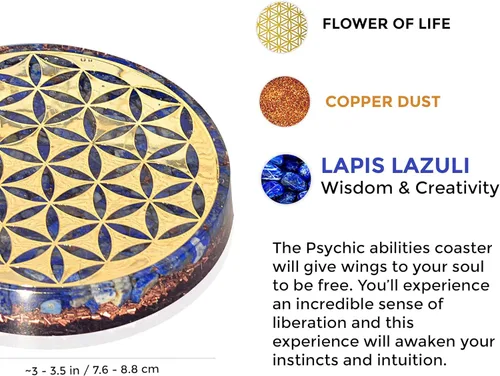 Vista 2 de Placa de carga de agua de cristal de orgonita con cristales curativos de lapislázuli y Flor de la Vida – Placa de agua de orgonita para curación