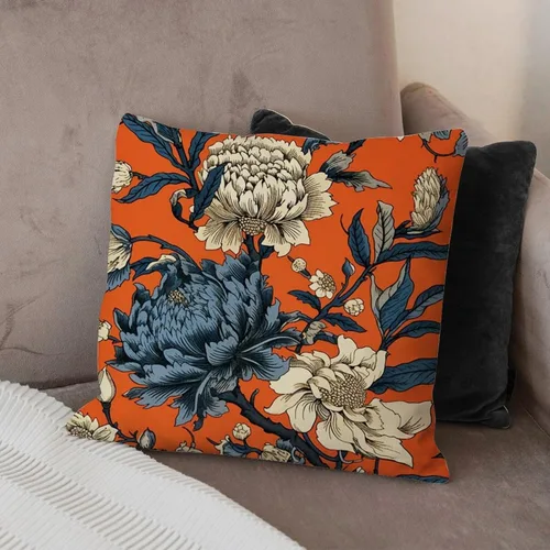 Vista 4 de Funda de cojín con diseño de flores de caqui chinoiserie, color naranja, azul marino, peonía, funda de almohada cuadrada rústica para sofá