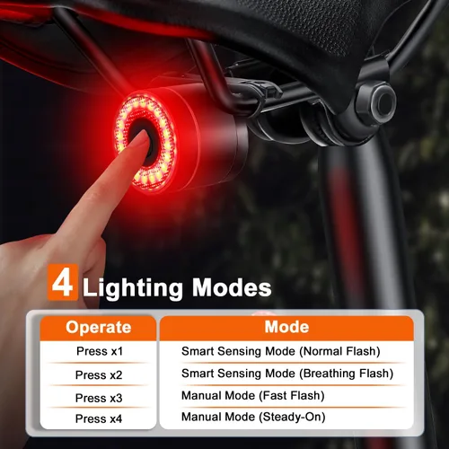 Vista 3 de Luz trasera inteligente para bicicleta, encendido/apagado automático, luz trasera con detección de freno, luz trasera de bicicleta recargable USB C