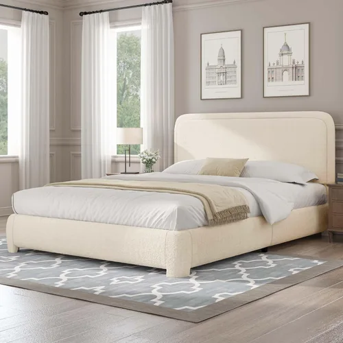 Vista 12 de BarnFurin Base de cama individual con cabecero, cama de plataforma tapizada Cloud Boucle, esquinas redondeadas suaves, no necesita somier, Beige
