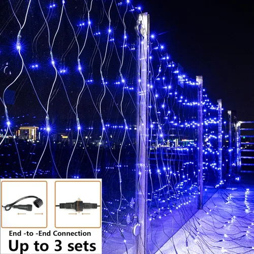 Vista 3 de Joomer - Luces navideñas de red, de 12 x 5 pies, 360 ledes, conectables e impermeables, con 8 modos y temporizador, para exterior, Navidad, Azul