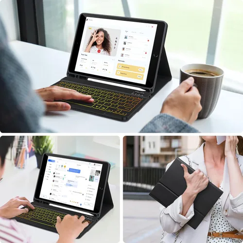 Vista 7 de AHYWTAN Funda de teclado para iPad 9/8/7ª generación 10.2, teclado Bluetooth con retroiluminación de 7 colores, funda para iPad de 10.2 pulgadas