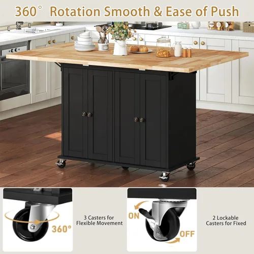 Vista 8 de 62.8" Rolling Kitchen Island with Drop Leaf Rubberwood Countertop, Mobile Kitchen Cart with Storage Cabinet & Lockable Wheel, Space-Saving Foldable