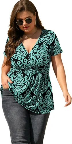 TIANZHU Blusa de manga corta para mujer, talla grande, cuello en V, corte bajo, linda blusa