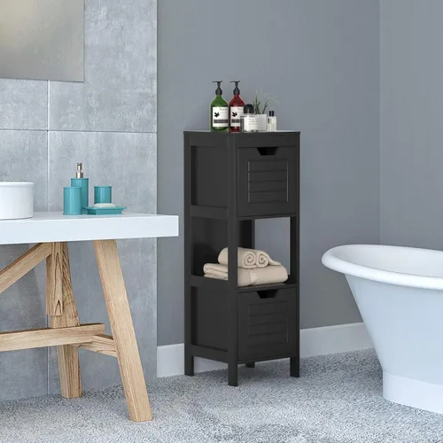 Vista 2 de Tangkula Armario de suelo de baño, torre de almacenamiento de madera estrecha con 2 cajones conmutables, almacenamiento lateral multifuncional