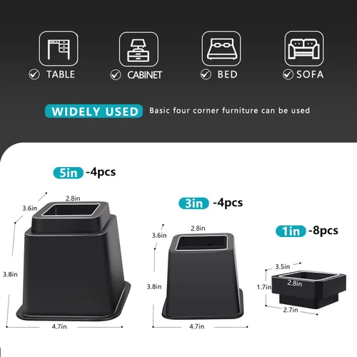 Vista 2 de Elevadores de cama ajustables de 1, 2, 3, 4, 5, 6, 7, 8, 9, 10 pulgadas, elevadores de muebles resistentes para patas de marco de cama, elevadores