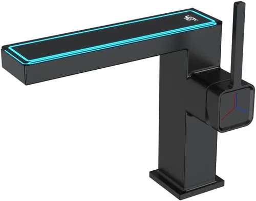 Baño de una sola manija un agujero lavabo lavabo cuadrado 1 agujero grifo montaje cubierta LED temperatura pantalla digital mezclador grifo, negro