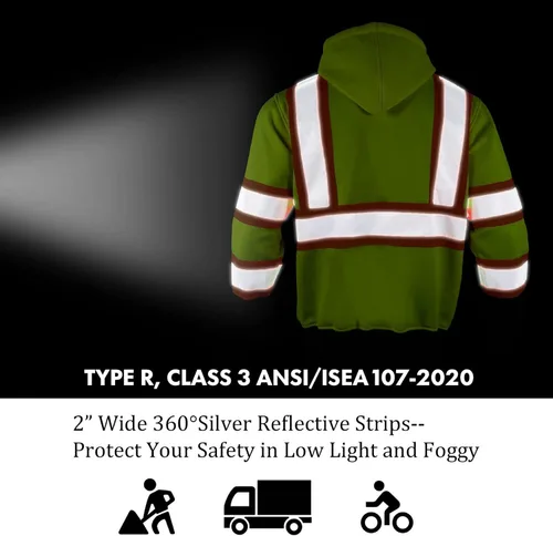 Vista 6 de VENDACE Sudadera con capucha de forro polar reflectante de alta visibilidad ANSI Clase 3 para hombres con capucha desmontable (amarillo, 2XL)