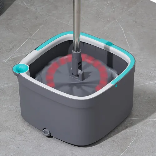 Vista 5 de Trapeador giratorio y cubo con compartimentos separados para agua limpia y sucia, versión mejorada 2025 con cepillo lateral y mango de pie, Gris