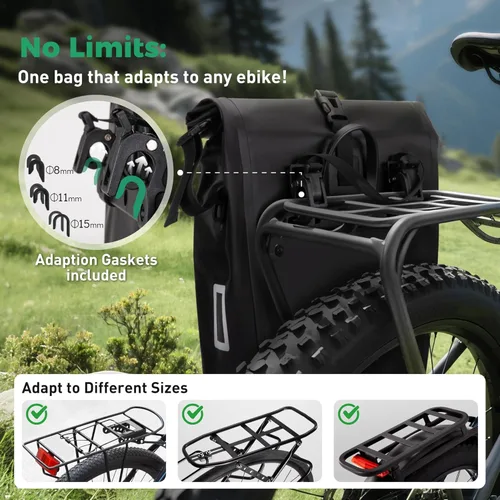 Vista 6 de Bolsa de alforja de bicicleta ligera – 27L Expandible Resistente al clima, PVC duradero de 550D con tiras de seguridad reflectantes, Bolsa