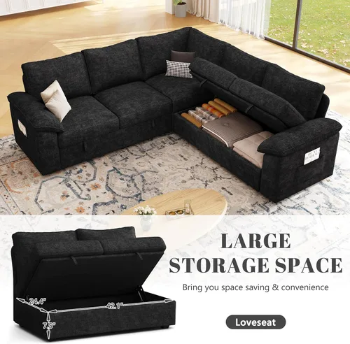 Vista 5 de Sofá modular modular de 85 pulgadas con cama extraíble, sofá cama Negro