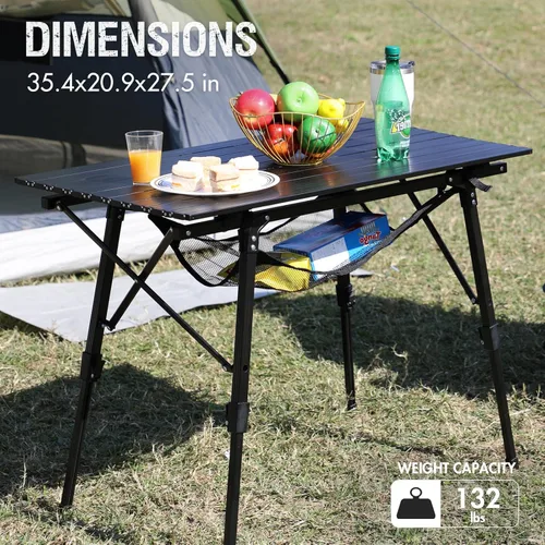Vista 5 de PORTAL Mesa de camping plegable portátil con patas ajustables, mesa plegable de aluminio mesa enrollable con bolsa de transporte para exteriores