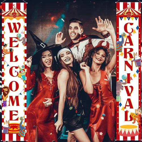 Vista 5 de Blulu 2 piezas de decoración de carnaval para porche, pancarta de bienvenida al circo para puerta de Halloween, carnaval, decoración colgante