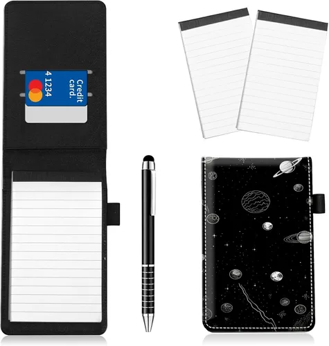 Vista 17 de Juego de 4 soportes para bloc de notas de tamaño de bolsillo, de piel sintética, mini bloc de notas con 2 bloc de notas pequeños y lápiz capacitivo