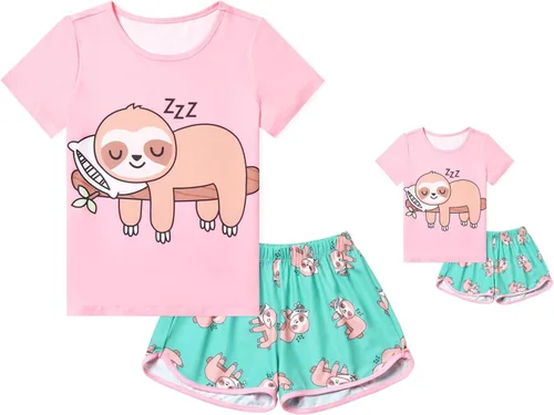 Vista 10 de QPANCY - Conjunto de pijamas a juego para niñas y muñecas con diseño de unicornio, ropa de dormir de algodón para el verano