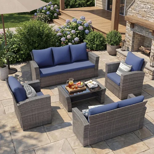 Vista 18 de Wisteria Lane Juego de muebles de patio de 4 piezas, conjunto de muebles de conversación de patio al aire libre de mimbre, sofá de patio para todo