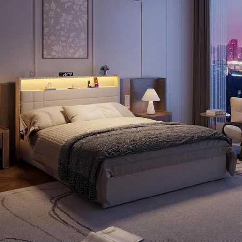 Vista 4 de Forestell Base de cama Queen con 4 cajones y cabecera de almacenamiento, base de cama tapizada tamaño Queen con luces LED y estación de carga Beige