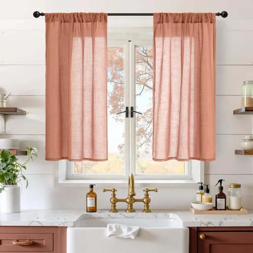 Vista 114 de BGment Cortinas de lino café de 30 pulgadas de largo para ventana pequeña, cortinas de media ventana beige semitransparentes ligeras con bolsillo