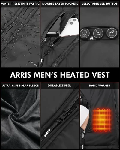 Vista 6 de ARRIS Fleece Heated Vest for Men with Battery Pack Included, Size Adjustable 8 Heating Zones for Hunting Black