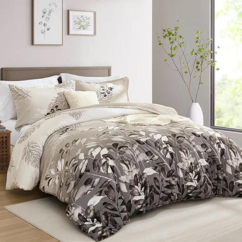 Vista 2 de DJY Juego de edredón beige tamaño Queen, edredón de 3 piezas con hojas botánicas marrones con 2 fundas de almohada, tamaño Queen, juego de edredón