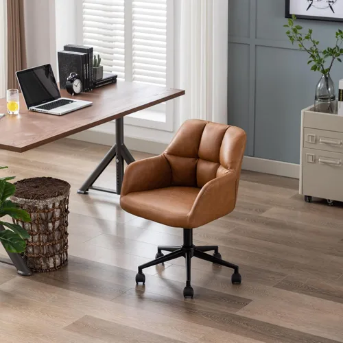Vista 6 de Wahson Silla de escritorio de oficina de cuero marrón con soporte de respaldo medio, cómoda silla de computadora de altura ajustable, silla