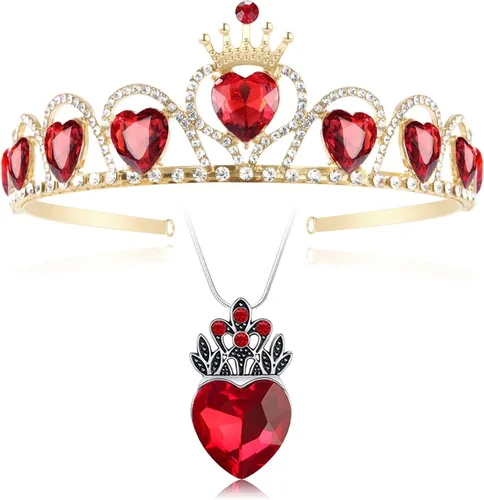 HEIKLN - Juego de joyas de tiara dorada con corona de corazón rojo y collar del país de las maravillas malvadas, regalo de joyería de reina de