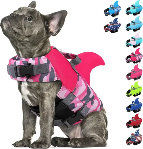 Vista 14 de Chaleco salvavidas para perros de tiburón, chaleco salvavidas ajustable con alta flotabilidad, salvavidas de seguridad con asa de rescate para Azul