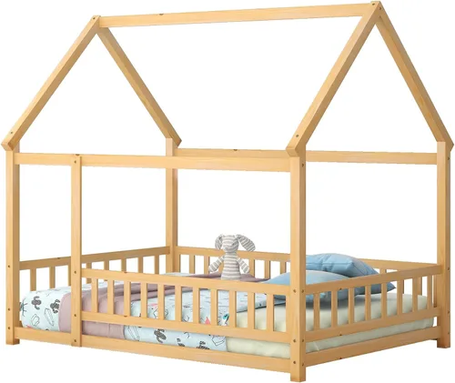 Vista 91 de Bellemave Cama Montessori de madera con valla y techo para niños, marco de cama individual para niños, niñas (individual, blanco)