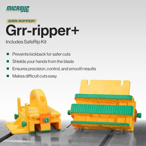 Vista 2 de GRR-RIPPER+ de Microjig. Incluye kit SafeRip. Bloque de empuje 3D totalmente ajustable para sierras de mesa, mesas de enrutado, sierras de banda