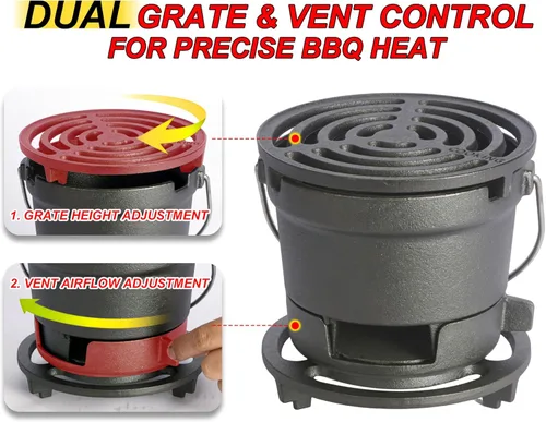 Vista 4 de Parrilla Hibachi 2 en 1 para exteriores, hierro fundido pre-sazonado, parrilla de carbón MINI portátil de mesa para acampar - con puerta