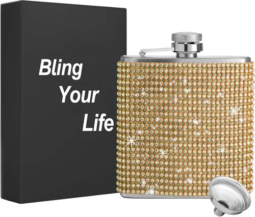 Vista 20 de Diamond - Frascos de cadera de acero inoxidable con purpurina a prueba de fugas con embudo, frasco de cadera con diamantes de imitación, lindo