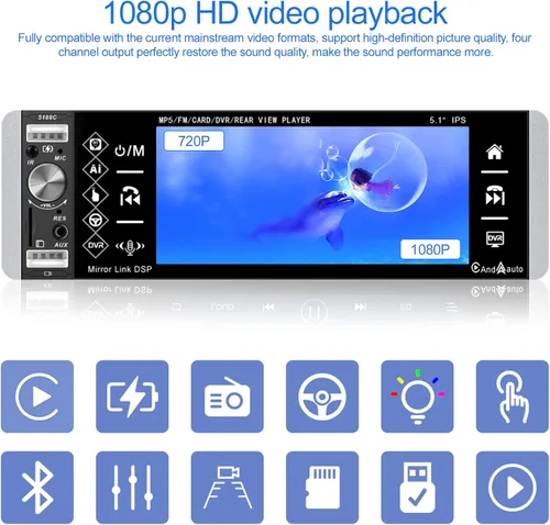 Vista 8 de Roinvou Estéreo de radio de coche de un solo DIN con Carplay Android Auto, pantalla táctil de 5.1 pulgadas, radio Bluetooth, soporte FM Mirror Link