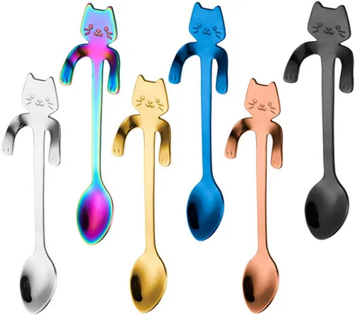 Vista 7 de Cuchara de café para gatos, taza colgante de acero inoxidable, cuchara de té de dos longitudes diferentes, cuchara de postre para revolver bebidas