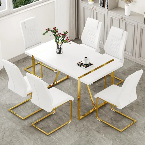 Vista 36 de Juego de mesa de comedor moderna de 55 pulgadas para 4, mesa de comedor negra y marco de metal dorado, mesa de comedor rectangular con 4 sillas