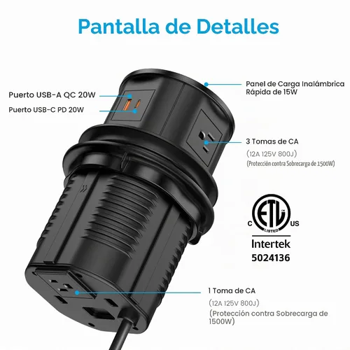 Vista 6 de VILONG Toma de corriente desplegable para encimera, 20 W USB-C, 15 W Negro