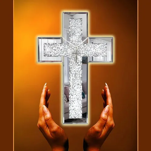 Vista 8 de GIMORRTO Decoración de pared con cruz espejada, cristal de diamante triturado, arte de pared religioso (pequeño)