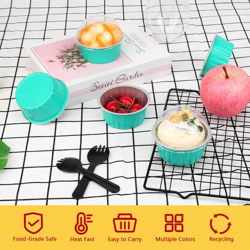 Vista 2 de Moldes para Cupcakes con Tapas de Cúpula Paquete de 100, LNYZQUS Mini Moldes de Aluminio de 5oz para Hornear Tazas para Muffins, Ramekins Azul Cian