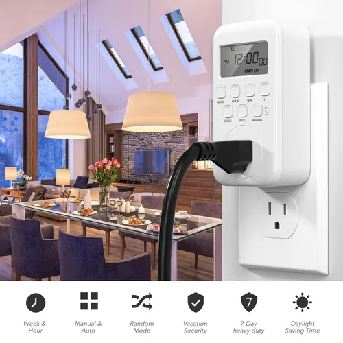 Vista 3 de BN-LINK Temporizador digital para interiores, enchufe programable de 7 días para luz de tomacorriente única, temporizadores de 3 patas para enchufes