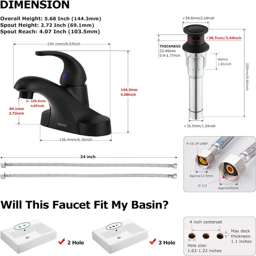 Vista 4 de PARLOS Grifo de lavabo de baño de arco medio de una manija con montaje de drenaje de metal y líneas de suministro de grifo cUPC