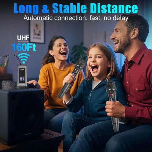 Vista 6 de Sistema de micrófono inalámbrico UHF dual, 2 paquetes - Micrófonos de metal con receptor recargable, audio sin interferencias de 15 canales, Plug &