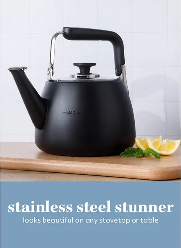 Vista 4 de Sur La Table Kitchen Essentials - Tetera grande de acero inoxidable de calibre pesado de 2 cuartos de galón, color negro mate