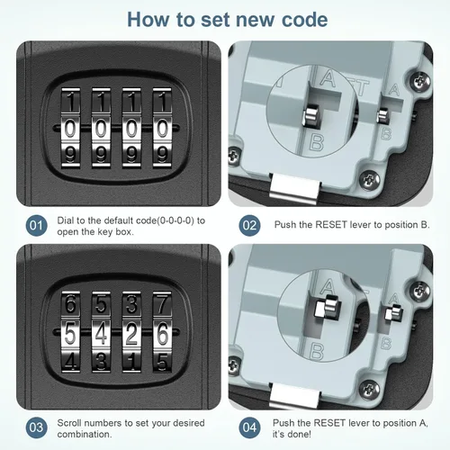 Vista 6 de Caja de bloqueo de llave, caja de seguridad para llave de casa, combinación de código reiniciable de 4 dígitos, pequeña caja de seguridad segura