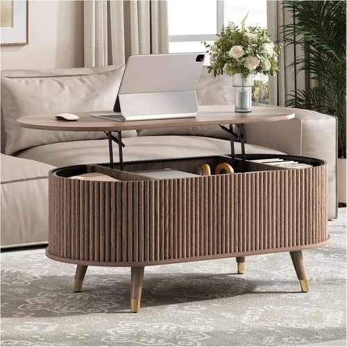 Vista 9 de Mesa auxiliar ovalada con almacenamiento, mesa de centro acanalada de 42.5 pulgadas con parte superior de elevación y patas de madera maciza, mesa