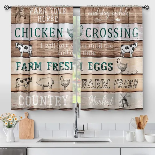 Vista 13 de Aimego - Cortinas de cocina con plantas rústicas y flores de primavera, botánicas, con hojas verdes, cortas, para cafetería, baño, con bolsillo