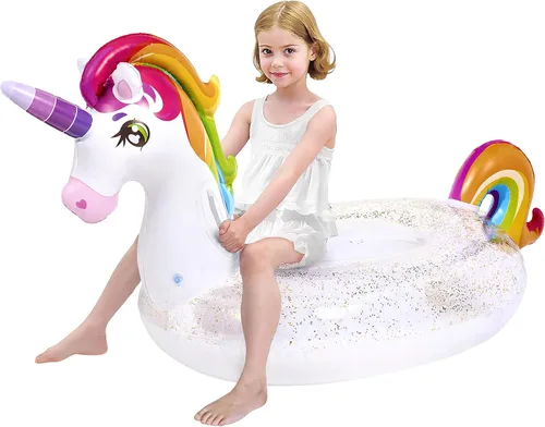 JOYIN Flotador de piscina de unicornio para niños Flotador inflable de unicornio arcoíris con purpurina, flotadores de piscina, paseo en unicornio,