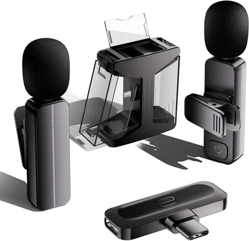 Vista 10 de Paquete de 2 micrófonos inalámbricos mini Lavalier de solapa para iPhone, teléfono Android (2 en 1) - micrófonos duales inalámbricos con clip de 65