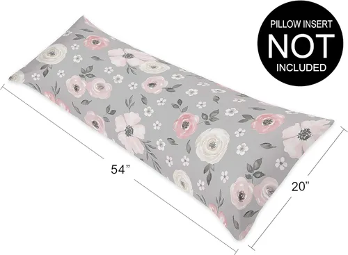 Vista 6 de Sweet Jojo Designs Funda de almohada corporal con diseño floral de acuarela gris (almohada no incluida), rosa rubor, gris y blanco, estilo Shabby
